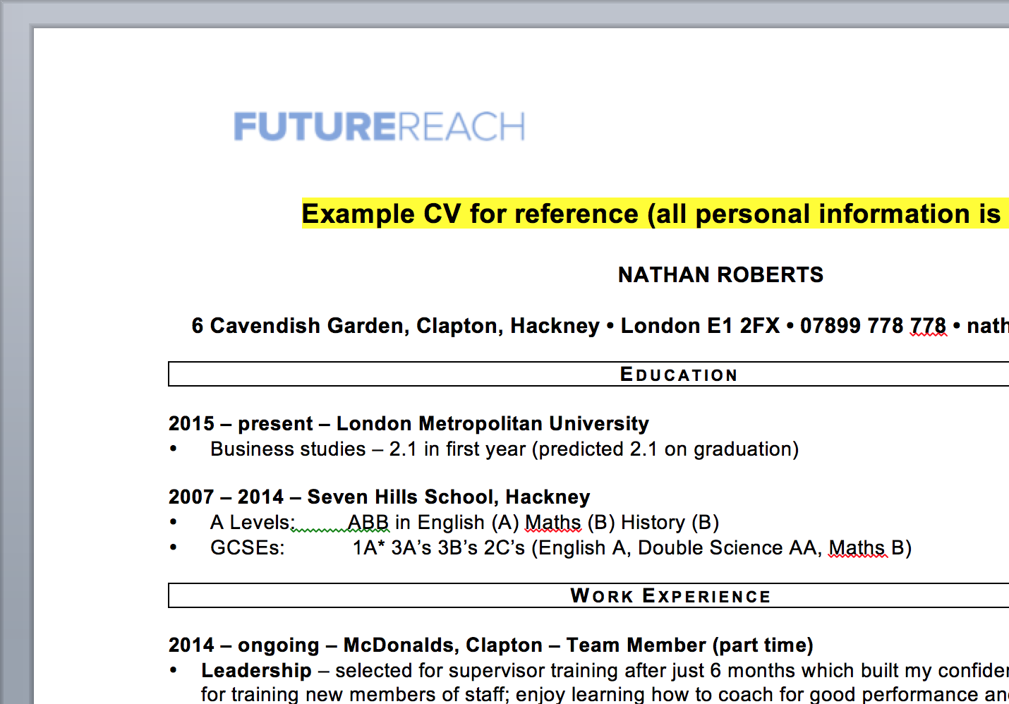 CV Guide & Template - FutureReach : FutureReach